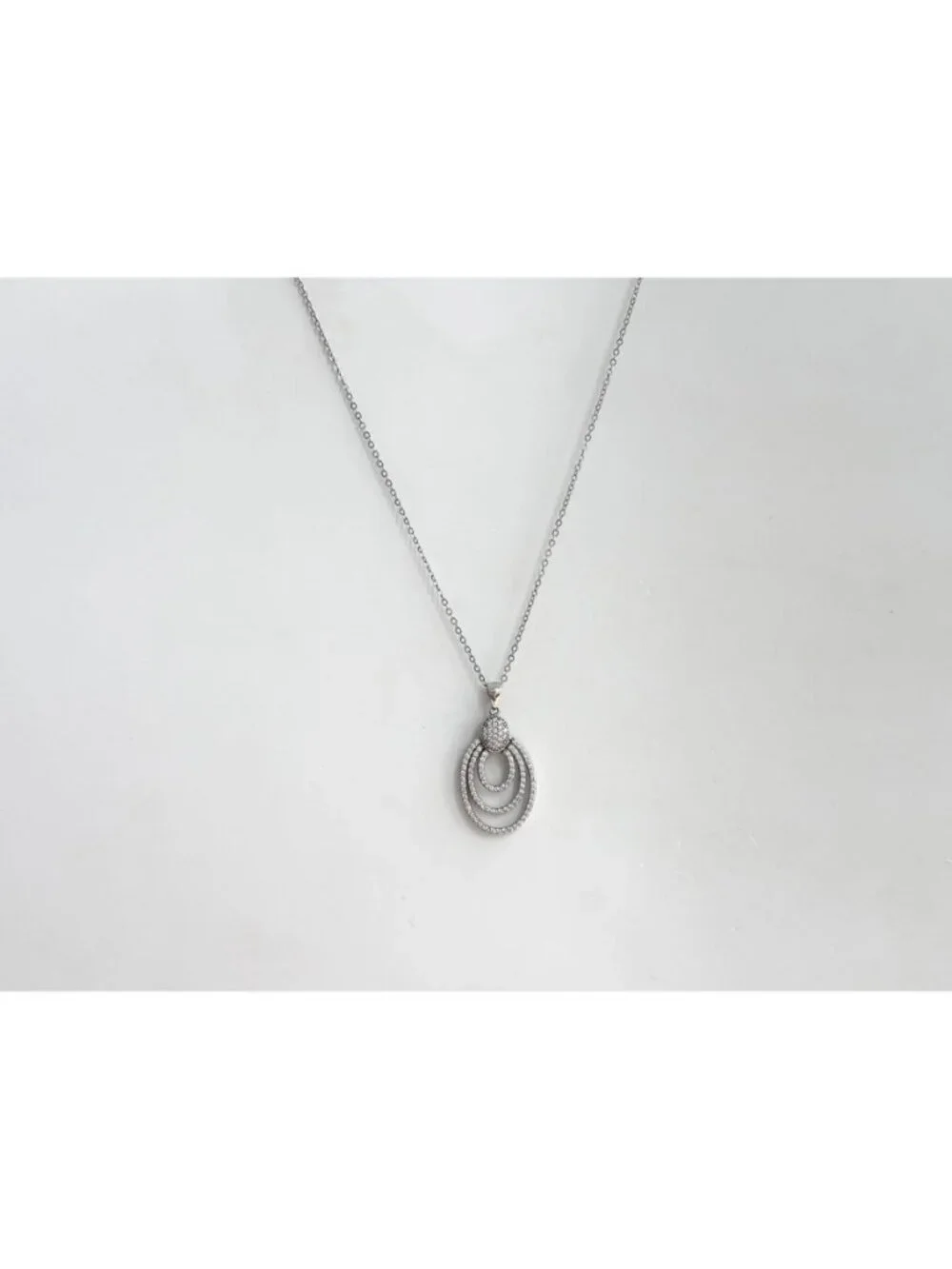 Triple Oval Sterling Silver Pave Bridal 925 Vintage Pendant Necklace - 18